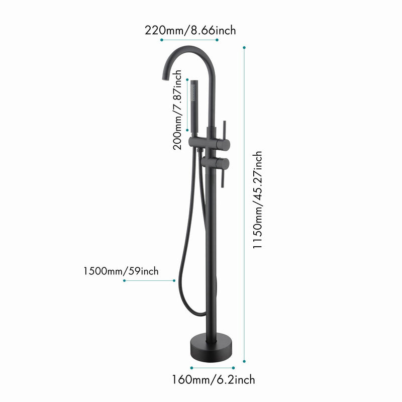 2-Handle Freestanding Floor Mount Bath Tub Filler Faucet with Handheld Shower in Matte Black
