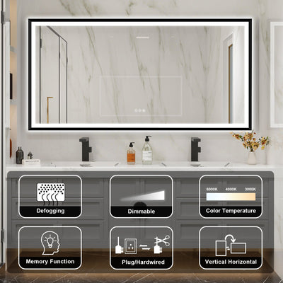 72 in. W x 36 in. H Large Rectangular Framed LED Light Anti-Fog Wall Bathroom Vanity Mirror in Black