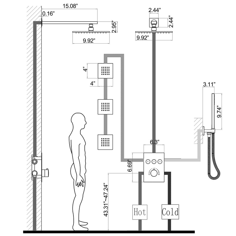 Thermostatic Rainfall Shower System With 3 PCS Body Jets Mixer Set