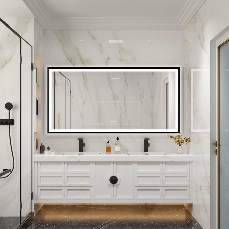 72 in. W x 36 in. H Large Rectangular Framed LED Light Anti-Fog Wall Bathroom Vanity Mirror in Black