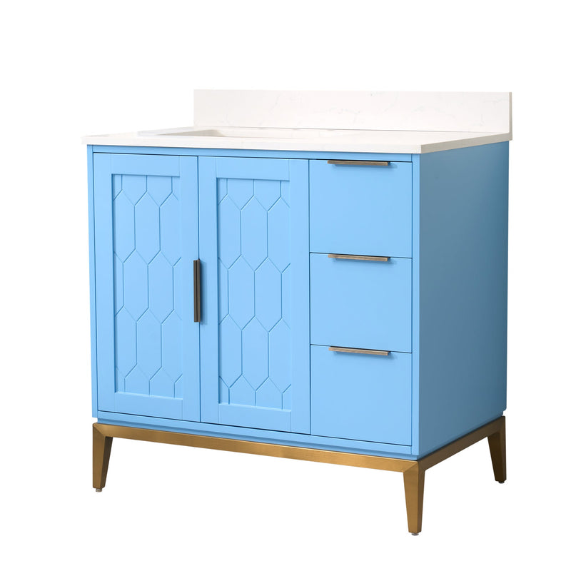 36 in. W x 22 in. D x 35 in. H Bathroom Vanity in Light Blue with Carrara White Quartz Vanity Top with White Sink