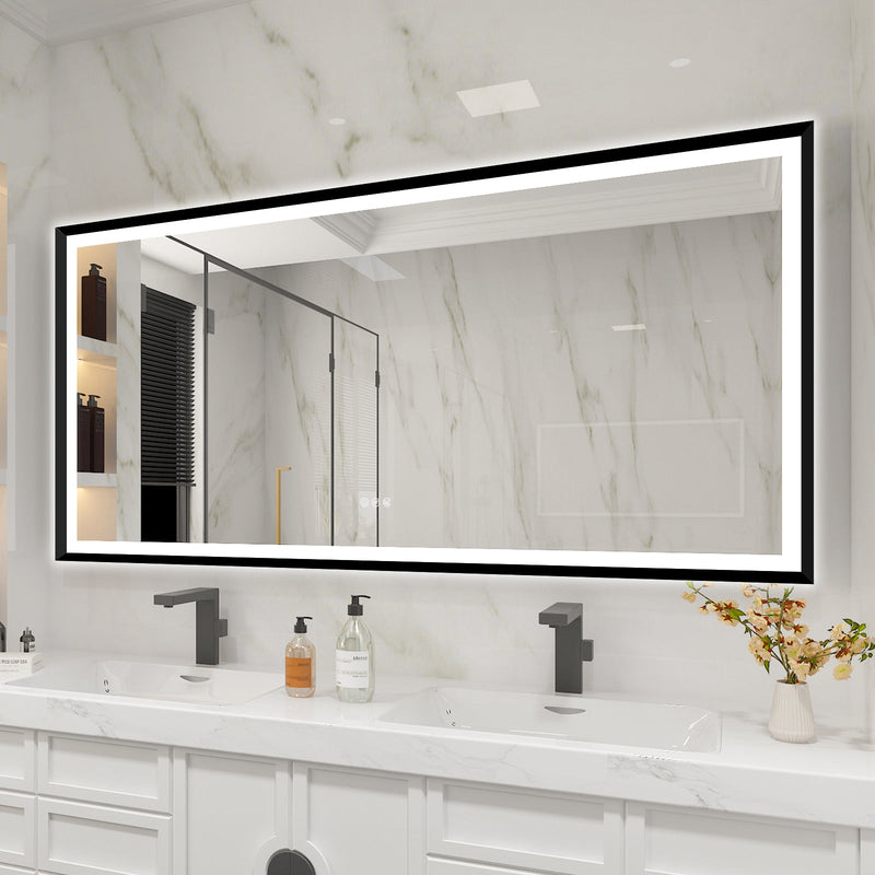 72 in. W x 36 in. H Large Rectangular Framed LED Light Anti-Fog Wall Bathroom Vanity Mirror in Black