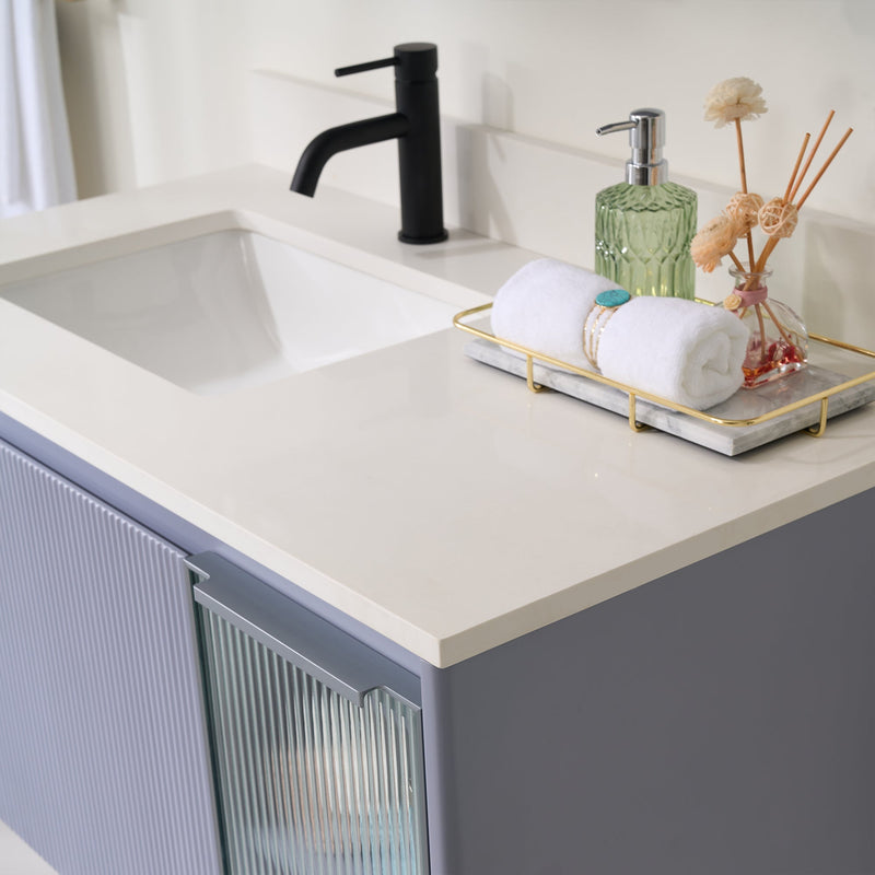 40 in. Modern Style Floating Bathroom Vanity in Lavender with White Carrara Quartz Vanity Top with White Sink