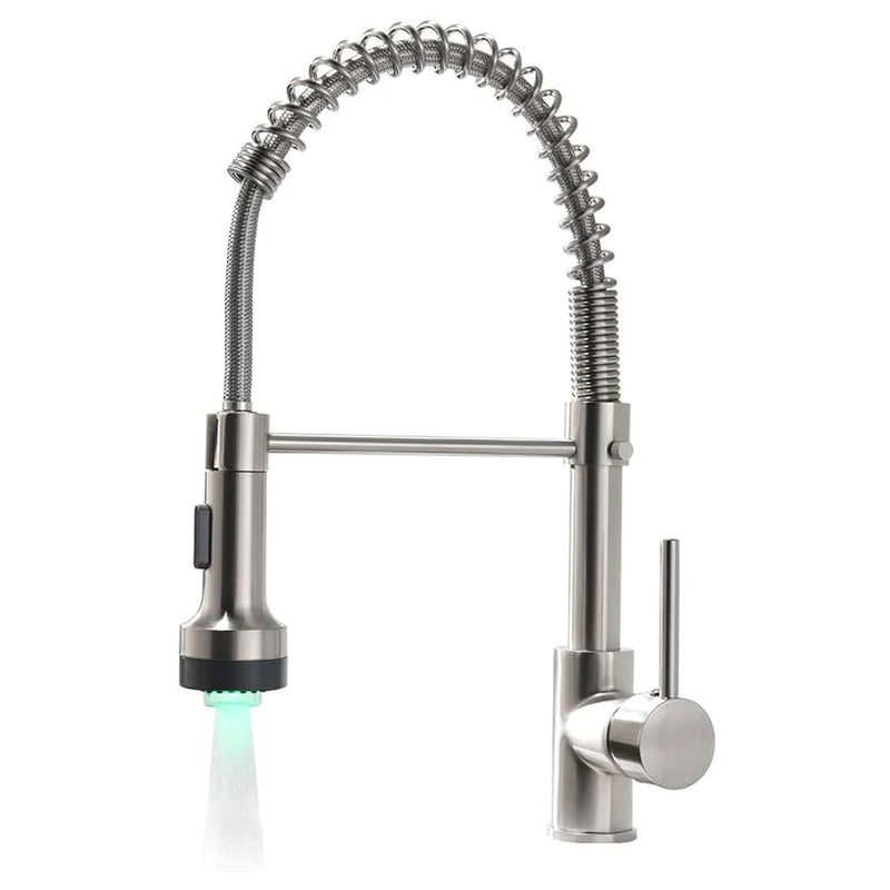 Single Handle Pull Down Sprayer Kitchen Faucet with 360℃ Rotation and LED Lights in Brushed Nickel