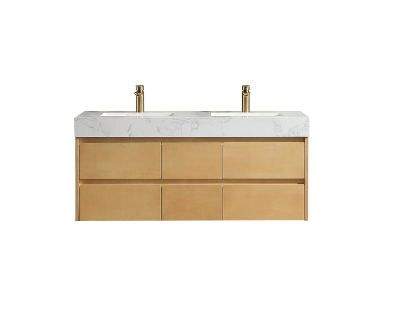 48 inch Modern Floating Maple Wood Bathroom Vanity Cabinet with LED Light and Double Basin