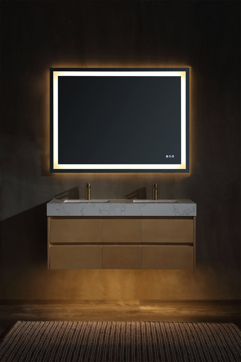 48 inch Modern Floating Maple Wood Bathroom Vanity Cabinet with LED Light and Double Basin