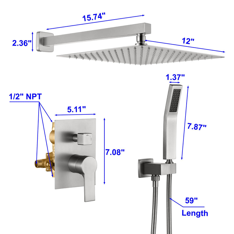 12 in. 2-Spray Patterns with 1.8 GPM  Wall Mount Dual Shower Heads with Hand Shower