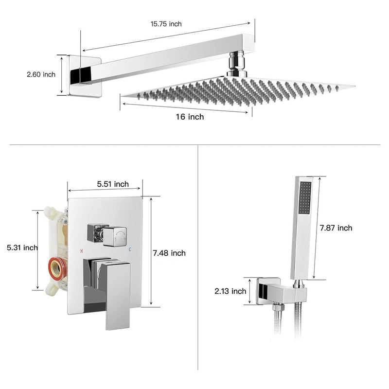 Single Handle 2-Spray Square High Pressure Shower Faucet Set with 16 in. Shower Head