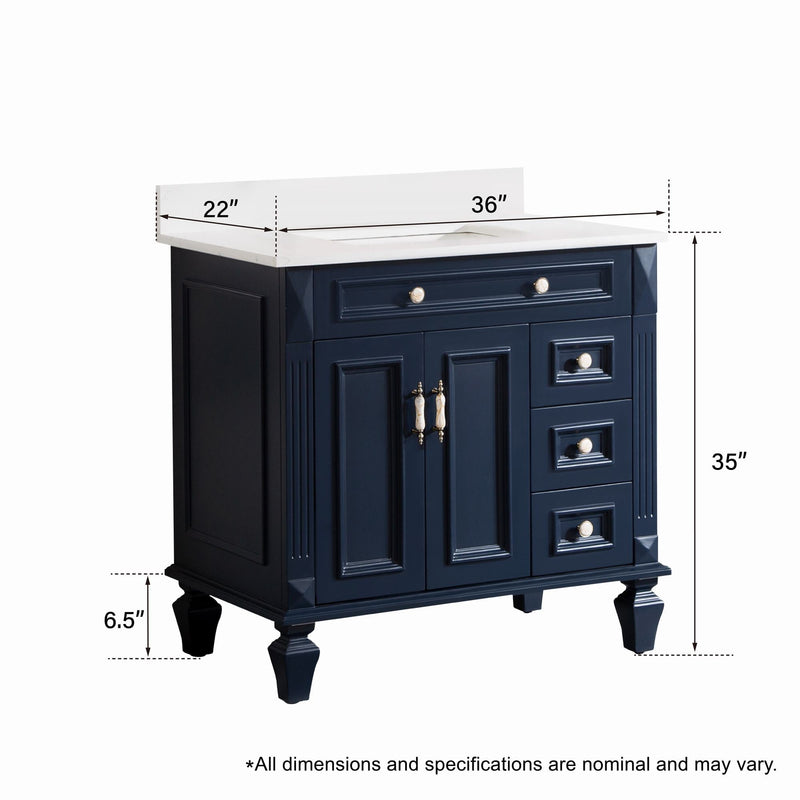 36inch Navy Blue Freestanding Solid Wood Bathroom Vanity Storage Organizer with Carrara White Quartz Countertop