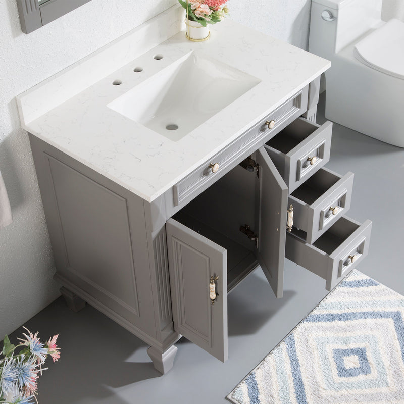 36inch Titanium Grey Freestanding Solid Wood Bathroom Vanity Storage Organizer with Carrara White Quartz Countertop