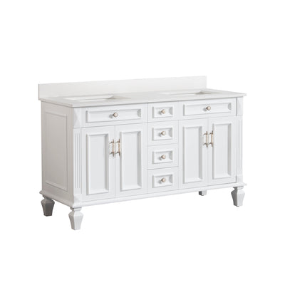 60inch White Freestanding Solid Wood Bathroom Vanity Storage Organizer with Carrara White Quartz Countertop