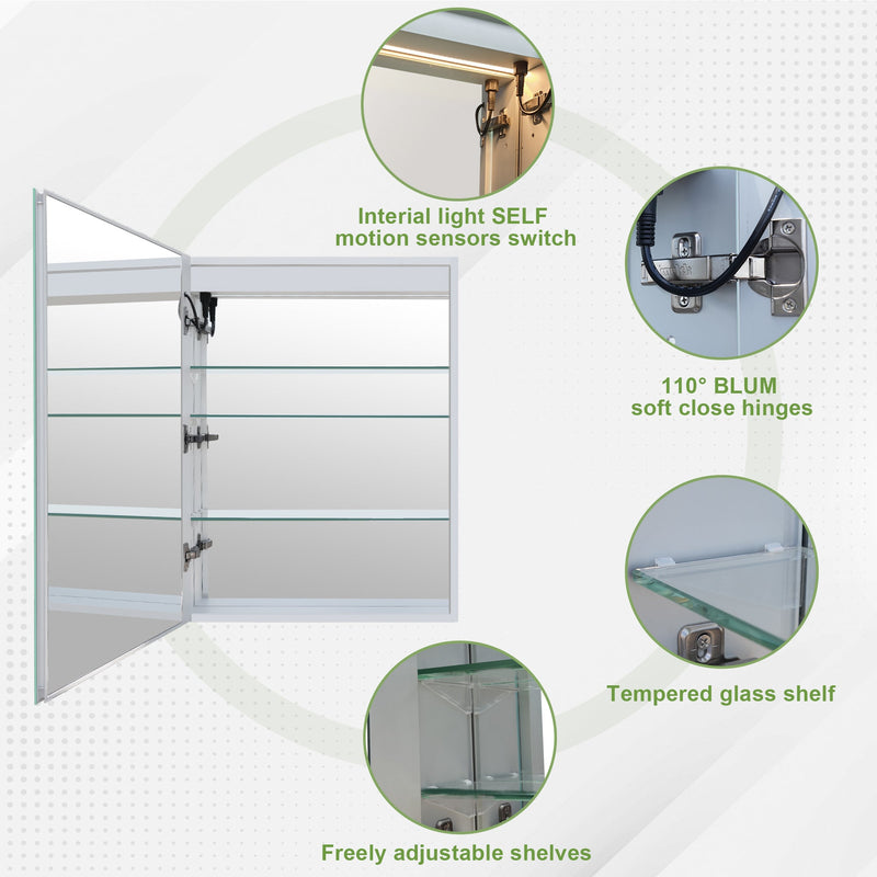 24-in x 30-in Lighted LED Surface/Recessed Mount Mirrored Rectangle Medicine Cabinet with Outlet left Side