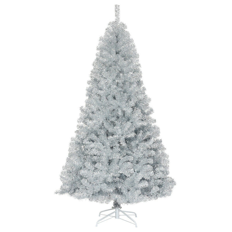 Hinged Unlit Artificial Silver Tinsel Christmas Tree with Metal Stand