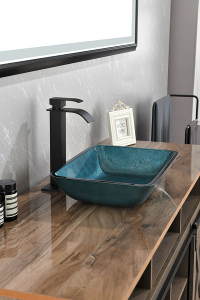 18in L -13in W -12in H Handmade Countertop Glass Rectangular Vessel Bathroom Sink Set in  Blue Glass