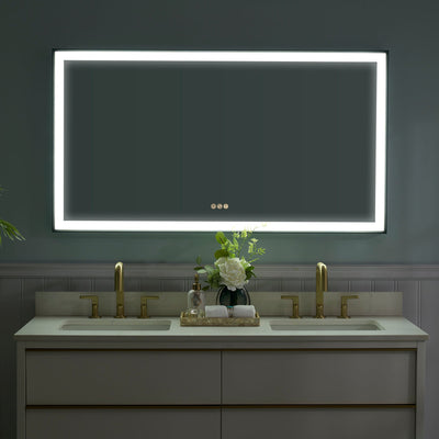 55 in. W x 30 in. H Rectangular Aluminum Framed LED Wall Mount Anti-Fog Modern Decorative Bathroom Vanity Mirror in Matte Black