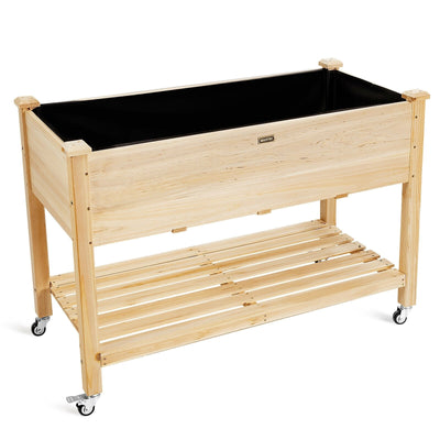 Wood Elevated Planter Bed with Lockable Wheels Shelf and Liner