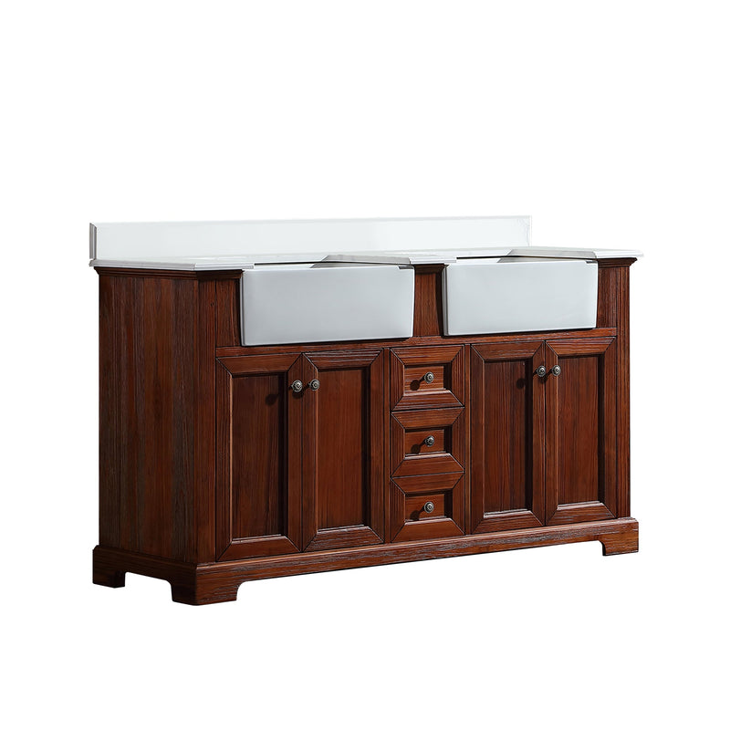 60 in. W x 22 in. D x 35 in. H Freestanding Bath Vanity Wood in Brown with White Quartz Top with White Basin