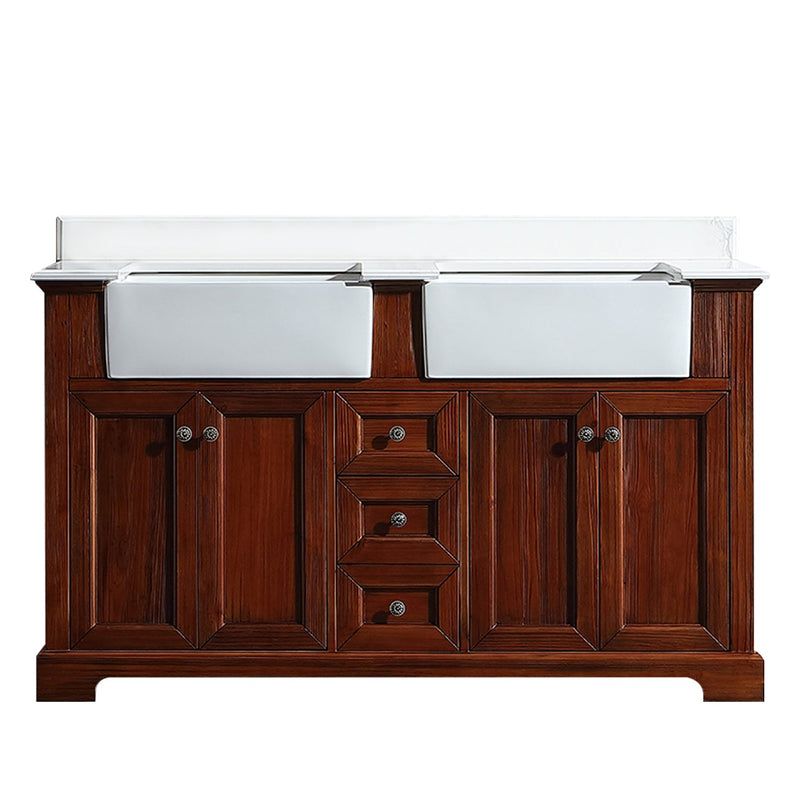 60 in. W x 22 in. D x 35 in. H Freestanding Bath Vanity Wood in Brown with White Quartz Top with White Basin