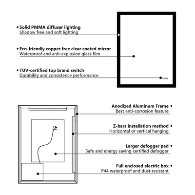 28 in. W x 36 in. H Rectangular Frameless Anti-Fog LED Light Dimmable Wall Mount Premium Bathroom Vanity Mirror