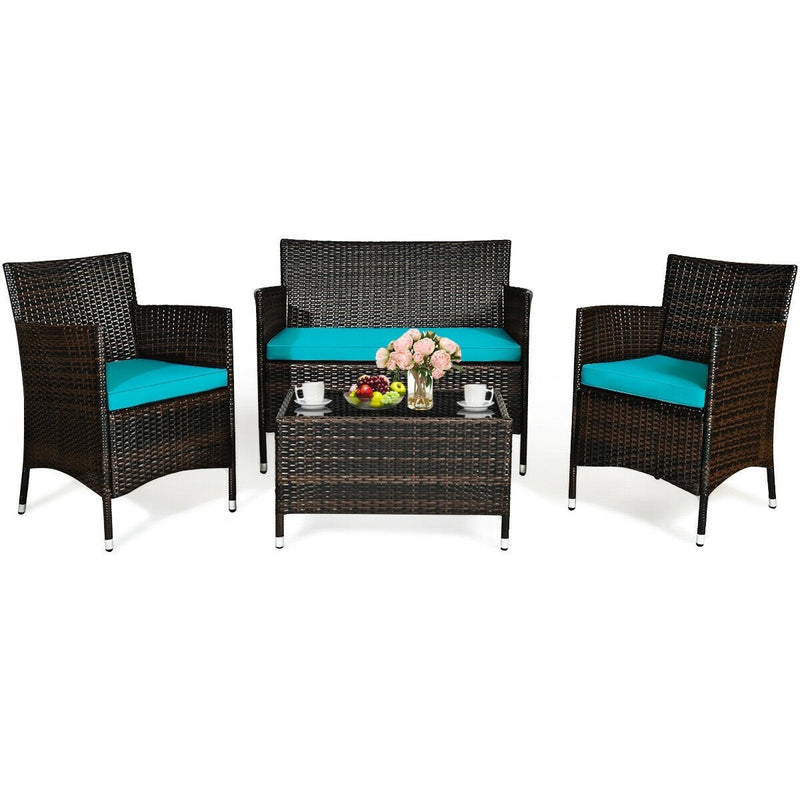 4 Pieces Patio Rattan Conversation Set with Glass Table and Cushions