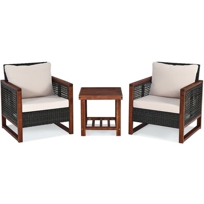 3 Pcs Patio Wicker Furniture Sofa Set with Wooden Frame and Cushion