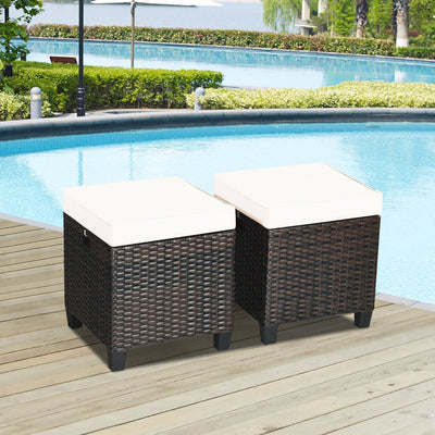 2 pcs Portable Rattan Ottoman with Removable and Washable Cushion