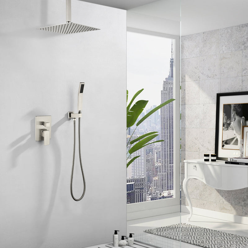 Concealed Valve Shower System Brushed Nickel Dual Head Waterfall Built-In Shower System